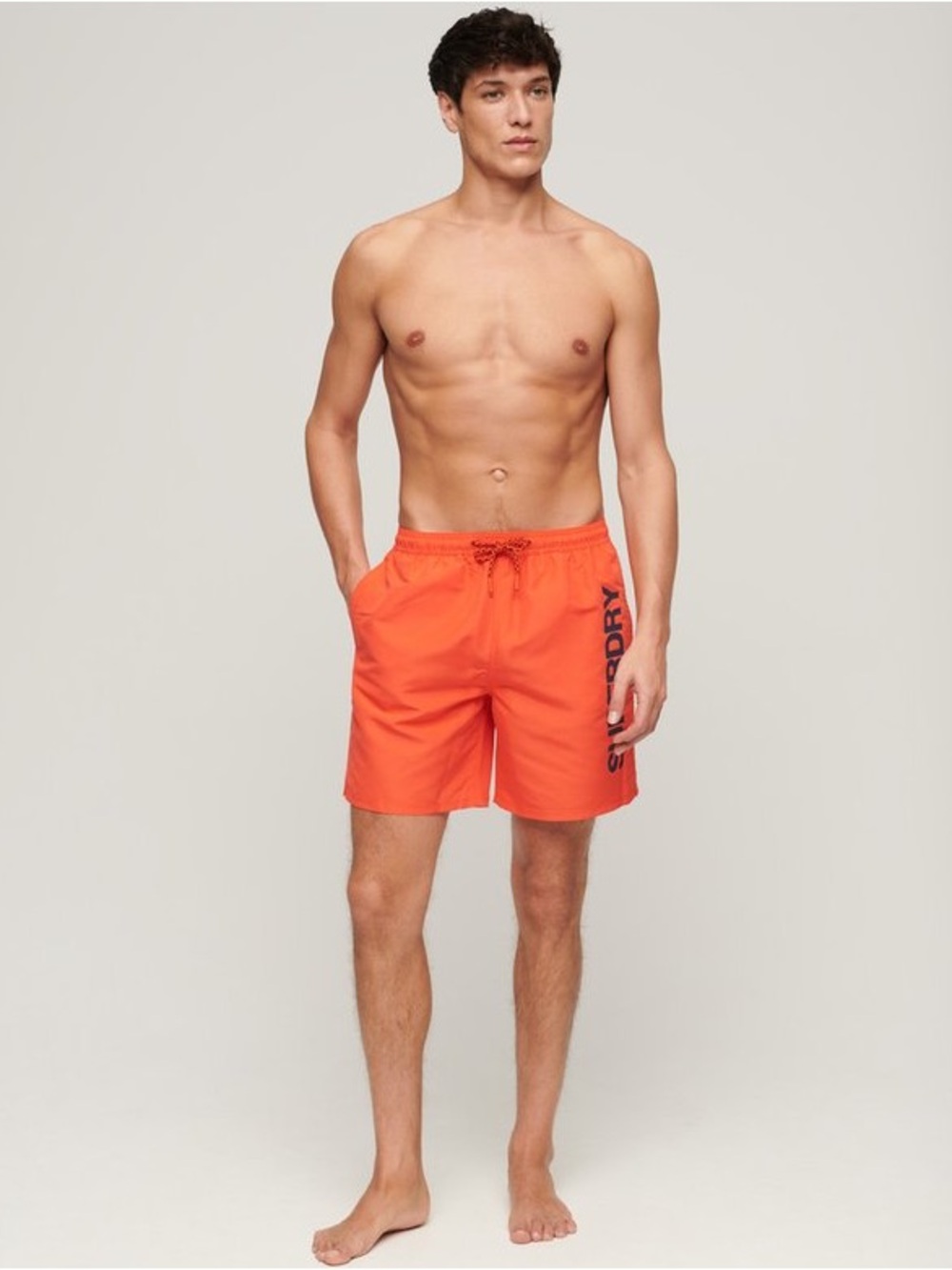 Superdry Men's Neon Coral Pink Swim Trunk Shorts Size Large L Big Logo Beach